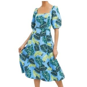 Draper James Linen June Dress 8 Puff Sleeves Milk Maid Midi Feminine Leaves